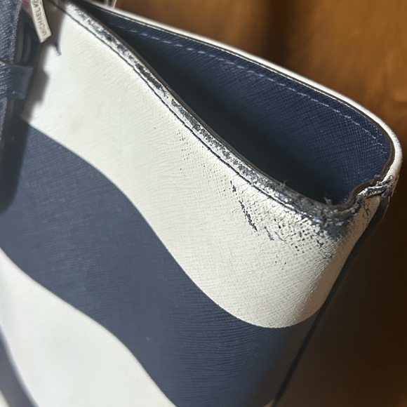 Rehab Michael Kors Jet Set Travel Stripe Navy Blue+White Saffiano Leather Tote - Picture 5 of 12